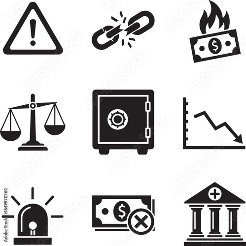 Collection of financial risk and security icons representing danger and loss