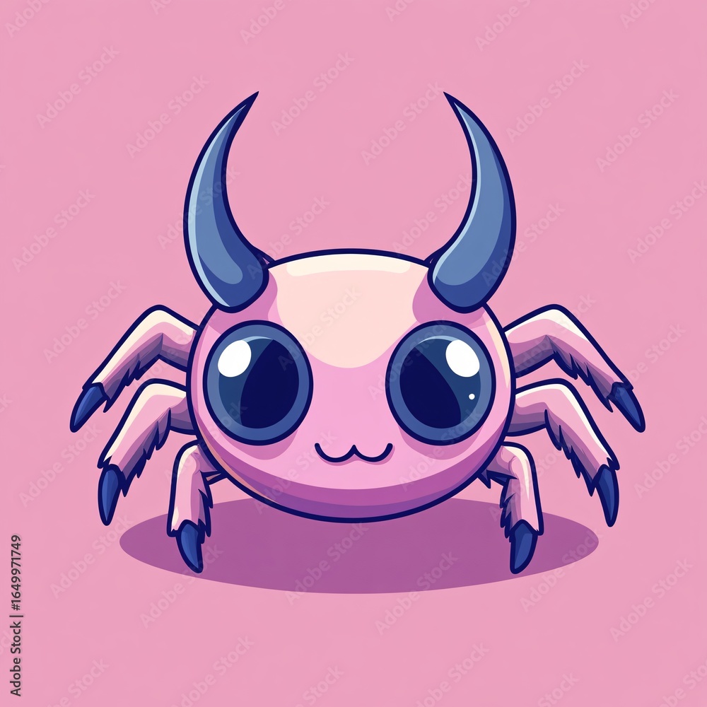 Naklejka premium Charming kawaii demon spider with big adorable eyes and blue horns, a cute pink monster character concept art on a simple background