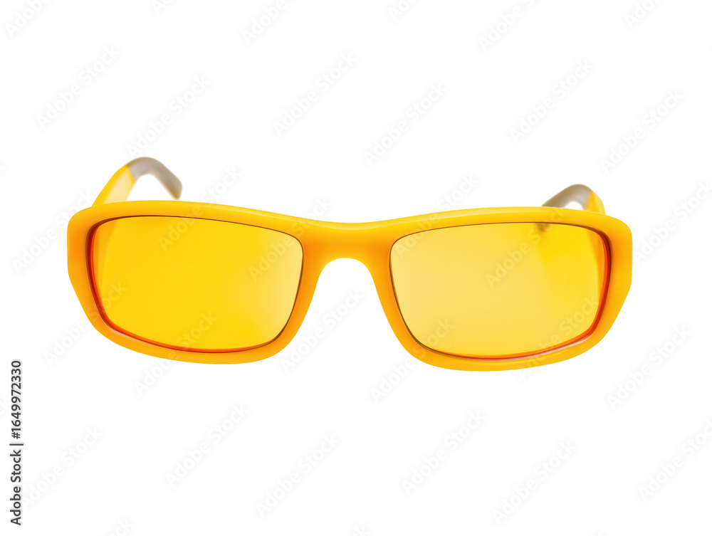 Fototapeta premium Pair of modern sunglasses with yellow frame and gradient yellow-orange lenses on transparent background