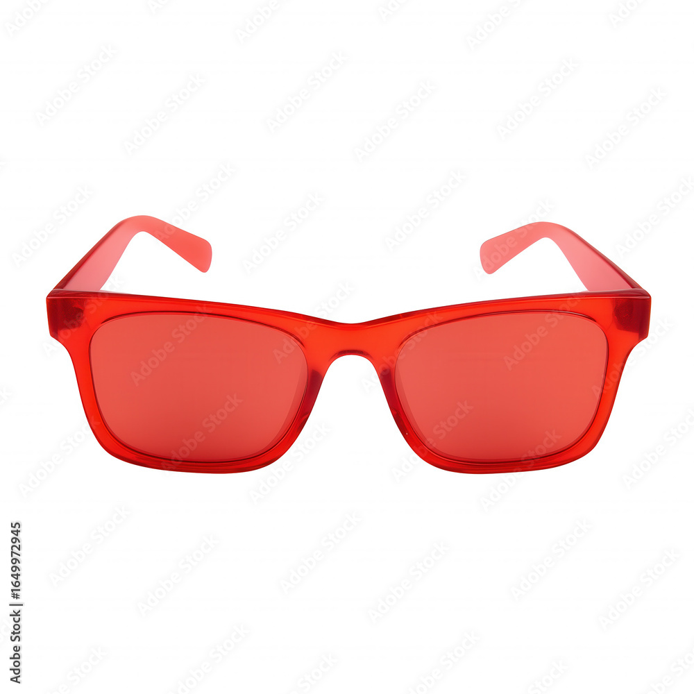 Modern red rectangular sunglasses with tinted lenses on transparent background Modern red rectangular sunglasses with tinted lenses on transparent background