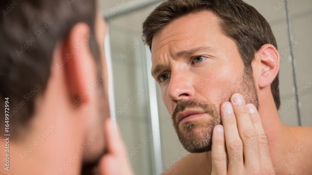 Obraz premium Man Examines His Facial Skin Closely While Looking in a Bathroom Mirror During Morning Routine