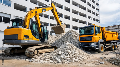 Excavator breaks building and loads construction waste into truck with its bucket. Demolition of building.