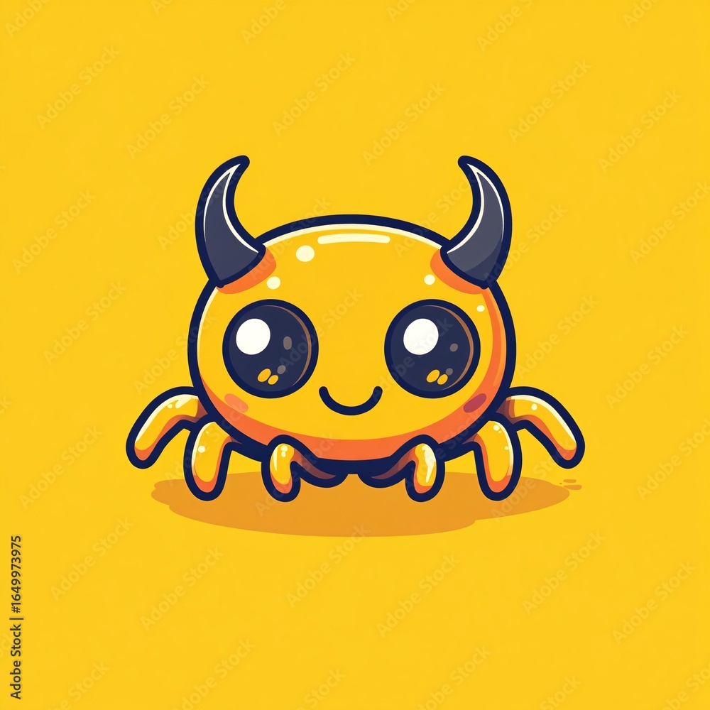 Naklejka premium Adorable smiling baby demon monster with spider legs, a cute and funny cartoon character mascot with shiny eyes and horns