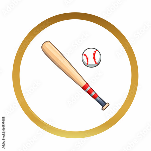 Flat style vector icon of a baseball bat and ball, symbolizing baseball game and sports equipment.