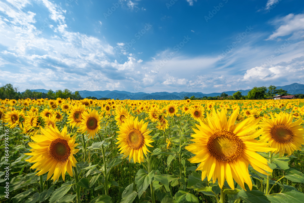 Obraz premium sunflower field, yellow flowers, blooming sunflowers, summer landscape, bright blossoms, blue sky, nature scenery, agricultural field, sunny day, vibrant colors, rural landscape, farm crop, floral sce