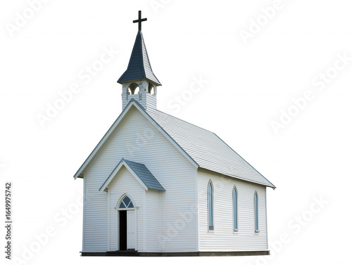 Isometric illustration of a small symmetrical church with white exterior and dark gray roof on transparent background