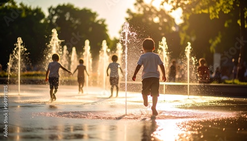 Children playing in a fountain at sunset.