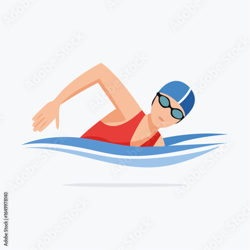 Flat style vector icon of a swimmer in freestyle stroke position, symbolizing swimming sport and fitness.