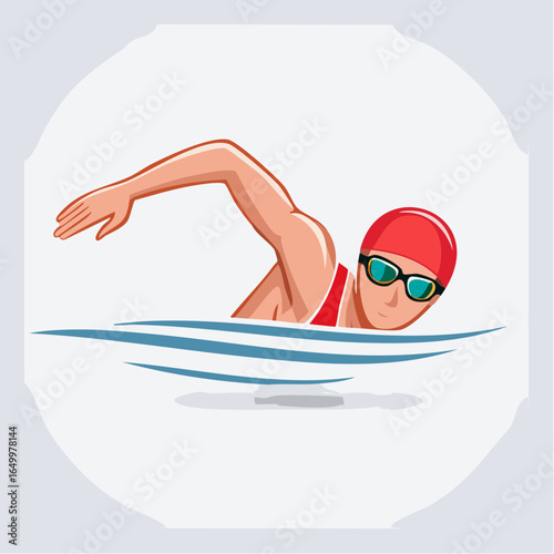 Flat style vector icon of a swimmer in freestyle stroke position, symbolizing swimming sport and fitness.