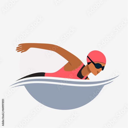 Flat style vector icon of a swimmer in freestyle stroke position, symbolizing swimming sport and fitness.