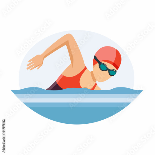 Flat style vector icon of a swimmer in freestyle stroke position, symbolizing swimming sport and fitness.