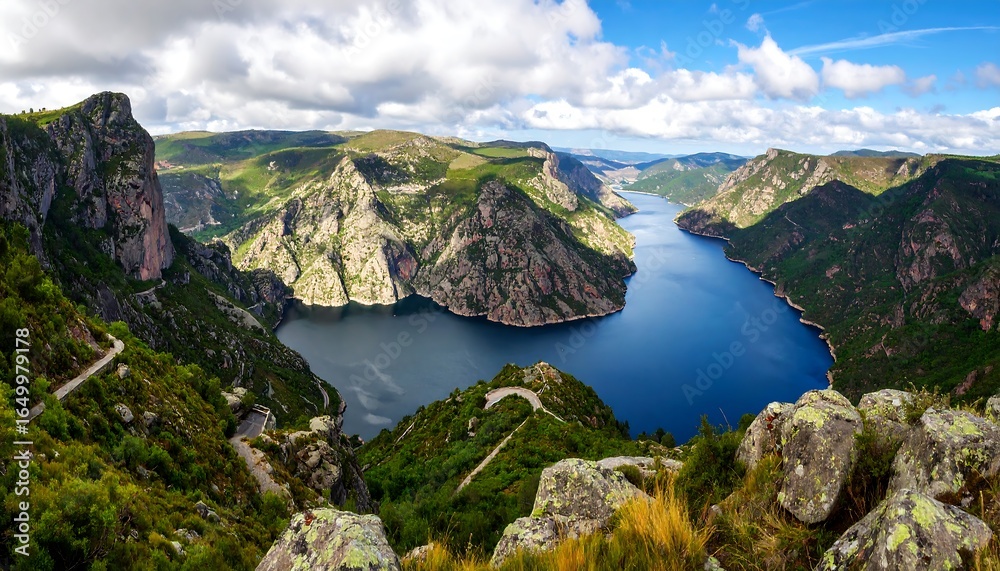 Obraz premium High angle view of a winding river cutting through a mountainous landscape.