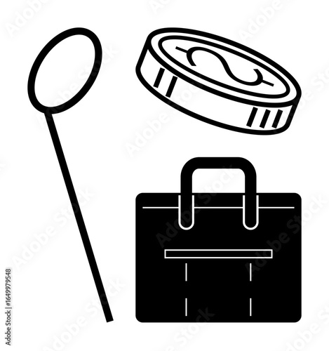 Magnifying glass, dollar coin, and briefcase suggest investigation, money management, research, or business analysis. Ideal for finance, business, commerce investment economy auditing savings