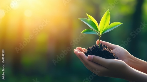 A close-up of hands holding soil and a small sapling, symbolizing planting for a greener future