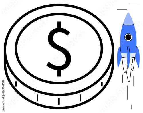 Large dollar coin beside a blue rocket taking off. Ideal for growth, investment, innovation, startups, finance, success, economic progress. A modern simple flat metaphor