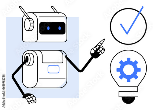 Robot with mechanical arms indicates a checkmark and lightbulb with gear inside. Ideal for technology, automation, innovation, AI, robotics, problem-solving, decision-making. Minimalist flat design