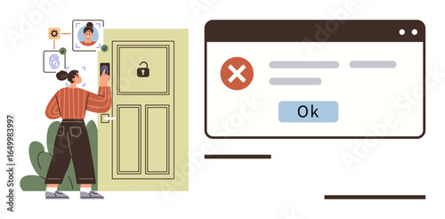 Person with smartphone attempting door access through smart lock denial error shown on digital interface. Ideal for security, technology, access control, cybersecurity, identity, rejection, smart