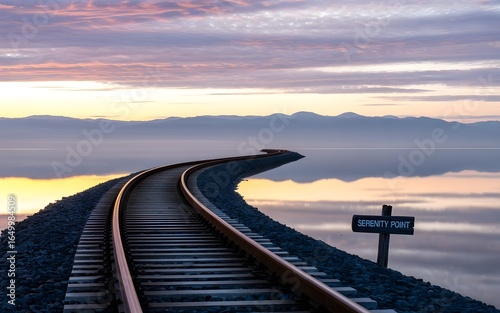 Tranquil Sunrise Over Railway Tracks by a Serene Lake