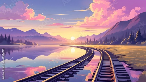 Tranquil Sunrise Over Railway Tracks by a Serene Lake
