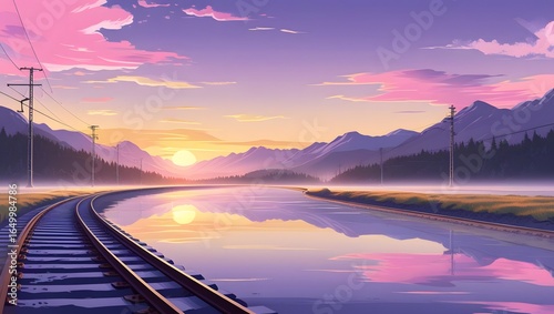 Tranquil Sunrise Over Railway Tracks by a Serene Lake