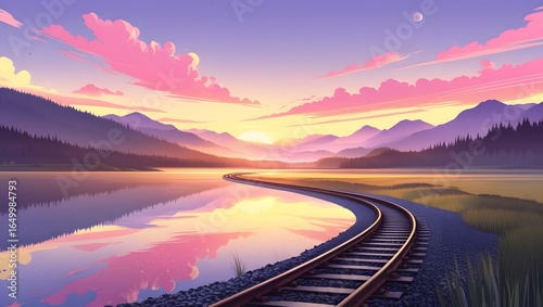 Tranquil Sunrise Over Railway Tracks by a Serene Lake
