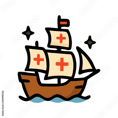 Sailing ship with red crosses on sails depicting a historical Happy Columbus Day celebration Vector illustration ideal for travel brochures, history themed design projects.