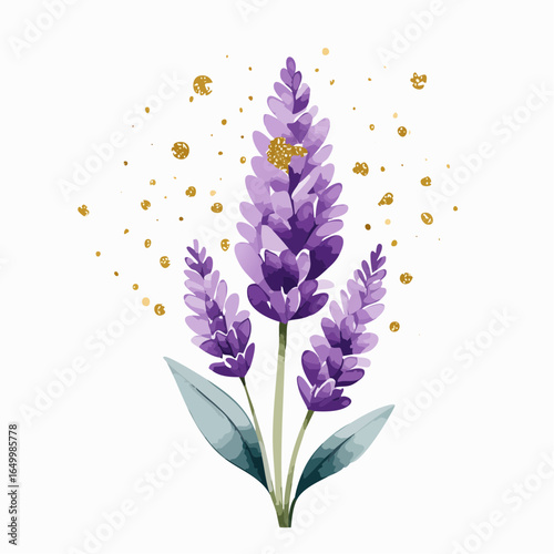 purple watercolor lavender with golden glitter isolated on white