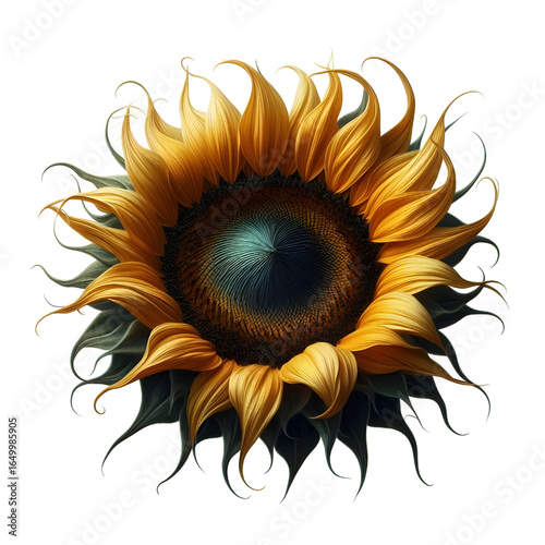 Ripe sunflower with yellow petals and dark middle, isolated on white background