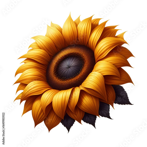 Ripe sunflower with yellow petals and dark middle, isolated on white background