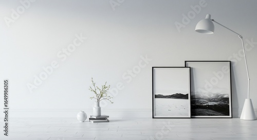 白い壁 モダンな部屋 静かな光 シンプル 絵画 飾る. AI Generated
