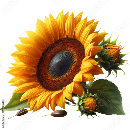 Ripe sunflower with yellow petals and dark middle, isolated on white background