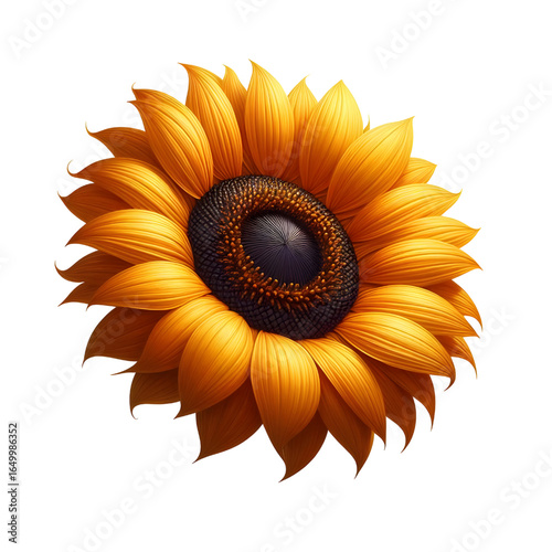 Ripe sunflower with yellow petals and dark middle, isolated on white background