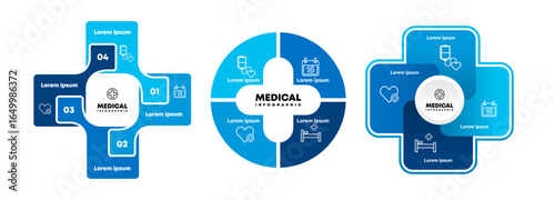 Vector plus infographic set, medical diagram, healthcare graph, hospital presentation, emergency chart. Medicine doctor logo. Concept with 4 options, parts, steps, processes. editable vector
