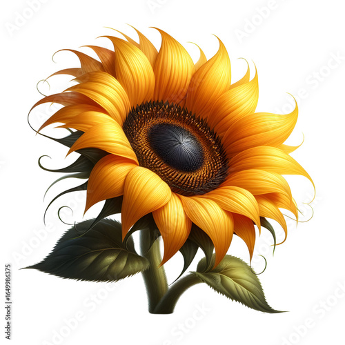 Ripe sunflower with yellow petals and dark middle, isolated on white background
