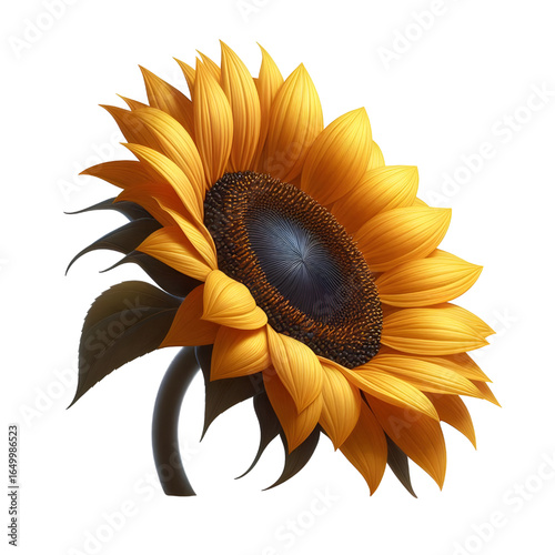 Ripe sunflower with yellow petals and dark middle, isolated on white background