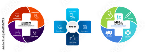 Vector plus infographic set, medical diagram, healthcare graph, hospital presentation, emergency chart. Medicine doctor logo. Concept with 4 options, parts, steps, processes. editable vector	

