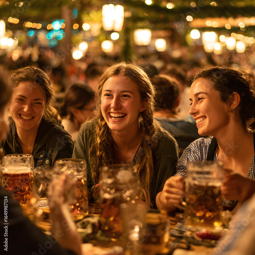 Crowd of Young People Laughing and Celebrating with Beer at Oktoberfest Festival Night