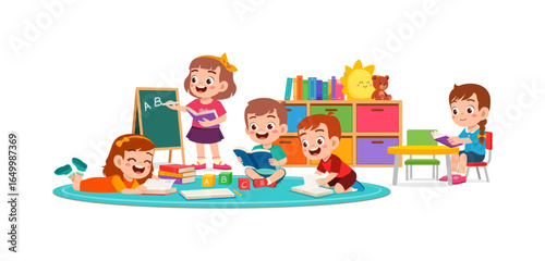 Enthusiastic Children Engaged in Reading and Learning Activities in a Colorful Classroom
