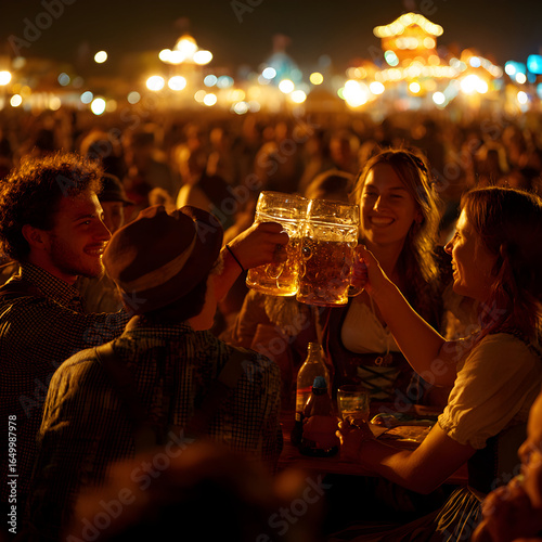 Lively Crowd Celebrating Oktoberfest At Night Amid Twinkling Lights and Beer Cheers