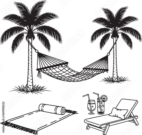 Tropical Beach Hammock and Lounge Chair with Palm Trees