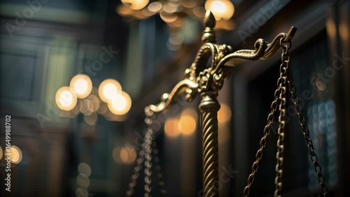 Emblazoned scales of justice hold hopes concept. A symbolic representation of law and fairness in a dimly lit courtroom setting.