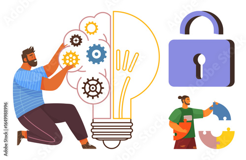 Man assembling gears in lightbulb, another fixing puzzle pieces, security lock symbolizing protection. Ideal for teamwork, creativity, brainstorming, innovation, security, development simple landing