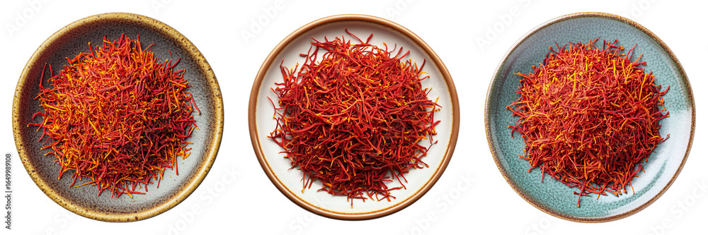 Naklejka premium Three bowls of red spices are shown, with one bowl being the largest
