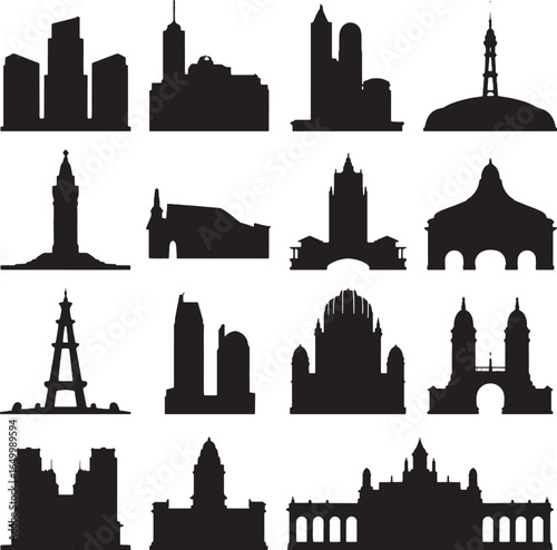 Diverse collection of city skyline silhouettes on a white background architecture building