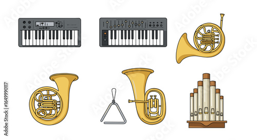 Illustration of various musical instruments on a white background