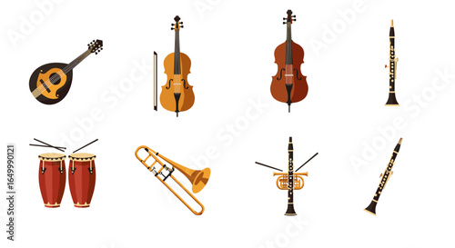 Various musical instruments including strings and woodwinds