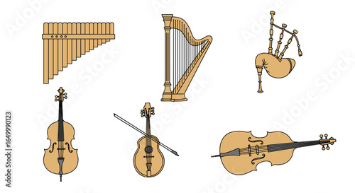 Illustration of various string and wind musical instruments