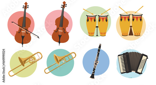 Illustrative assortment of musical instruments on colored spots