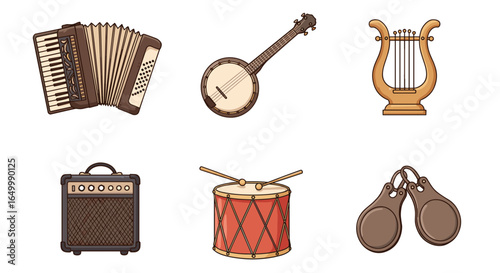 Collection of musical instruments including accordion banjo