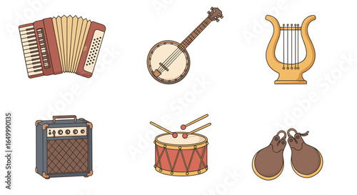 Collection of musical instruments including drum and banjo